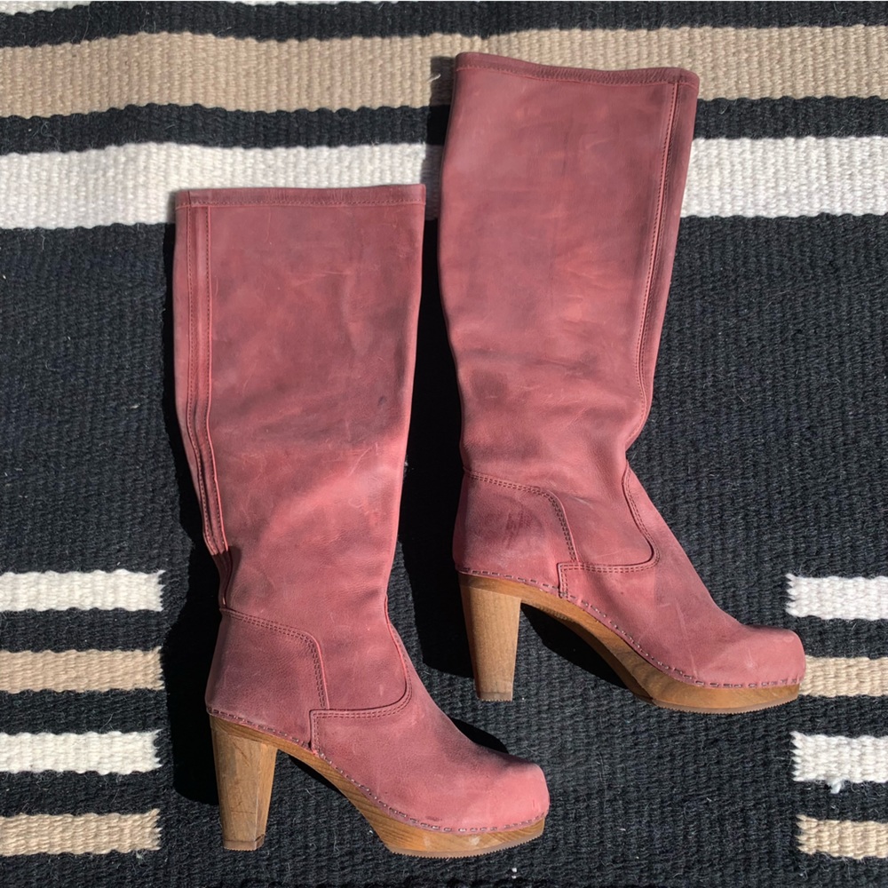 Sanita Plum Suede Wooden Clog Tall Boots size 6.5